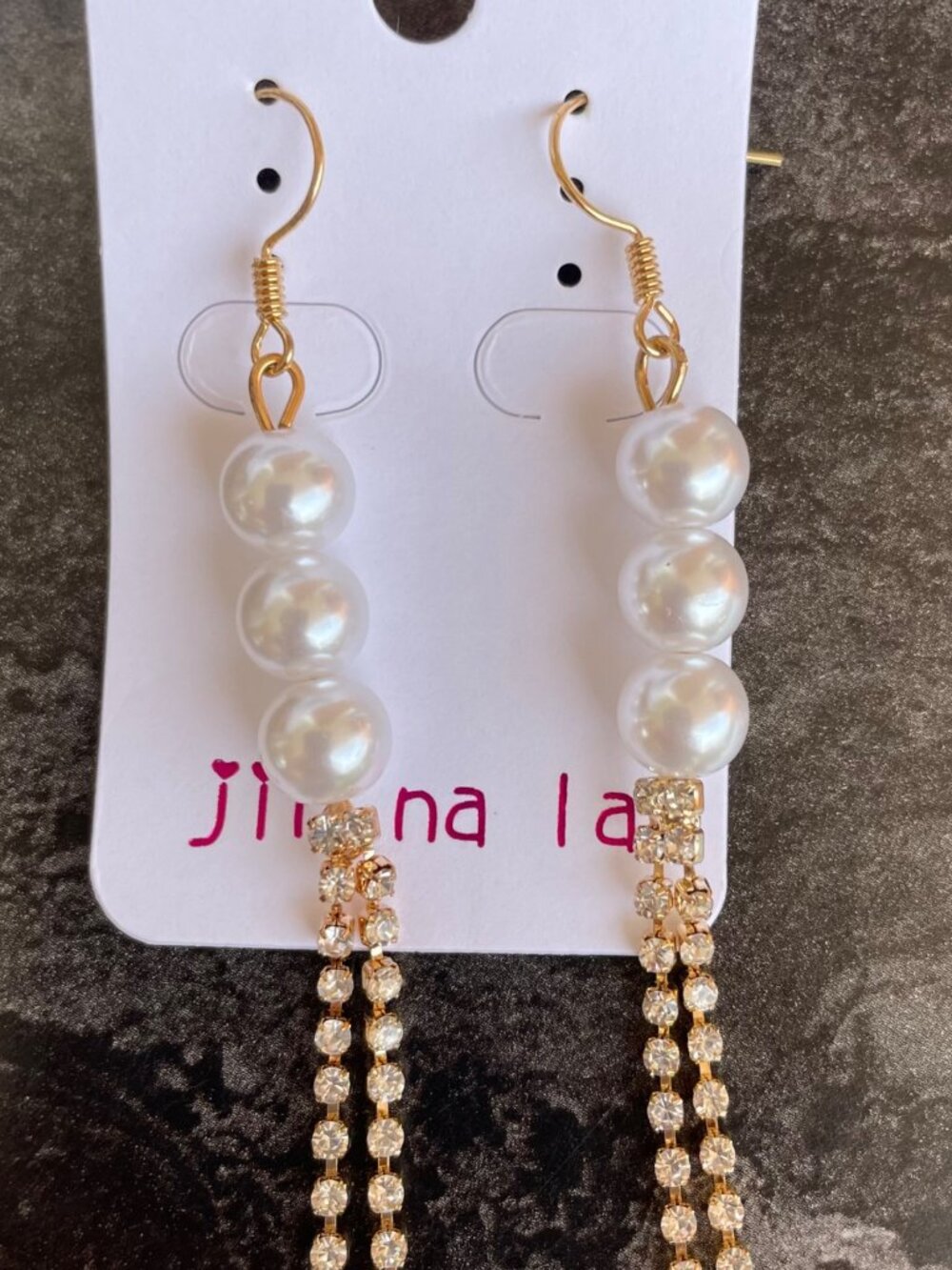 Faux Pearl Rhinestone Earrings 4in Long Gold Glam Dangles - Picture 4 of 9